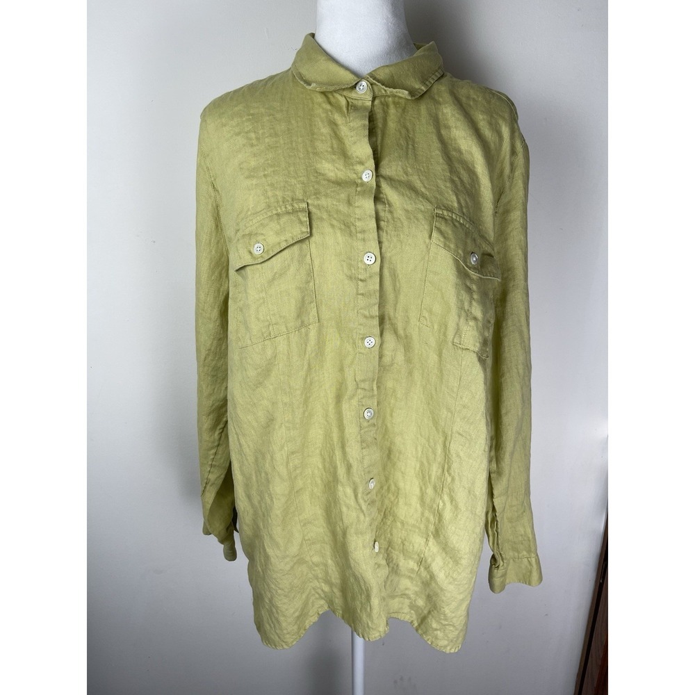 J. Jill Love Linen Chartreuse Green 100% Linen Button Up Women's Top Sz XL Beach